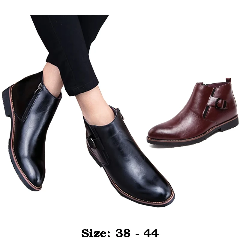 

High quality ankle length leather boots for men point toe new 2025 autumn winter walking outdoor vintage formal shoe black red