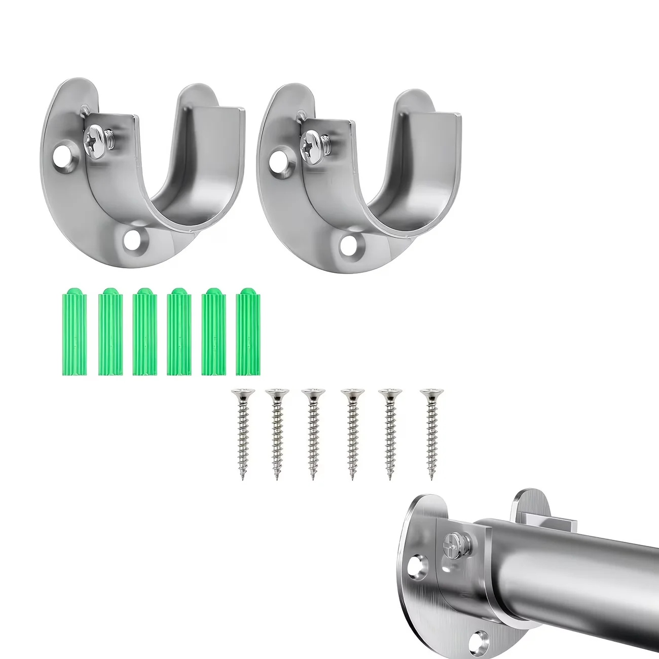 2 Sets Heavy-Duty Stainless Steel U-Shaped Closet Rod Flange Brackets, Includes Mounting Screws, Wall-Mount End Support Holders