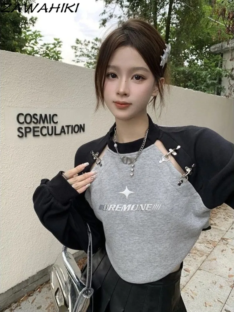 ZAWAHIKI T Shirts for Women American Contrast Color Patchwork O-neck Loose Spring Fall Crop Tops Chic Designed Harajuku Clothes