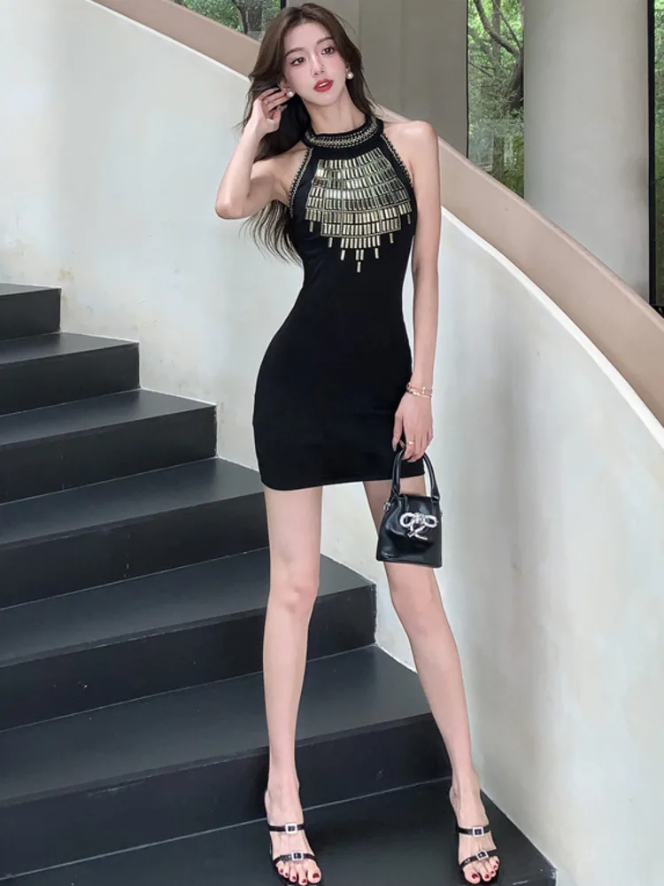 Black Elegant Sexy Sleeveless Hanging Neck Small Tank Top Dress Summer Pure Desire Spicy Girl Party Slim Vestidos Pencil Skirts