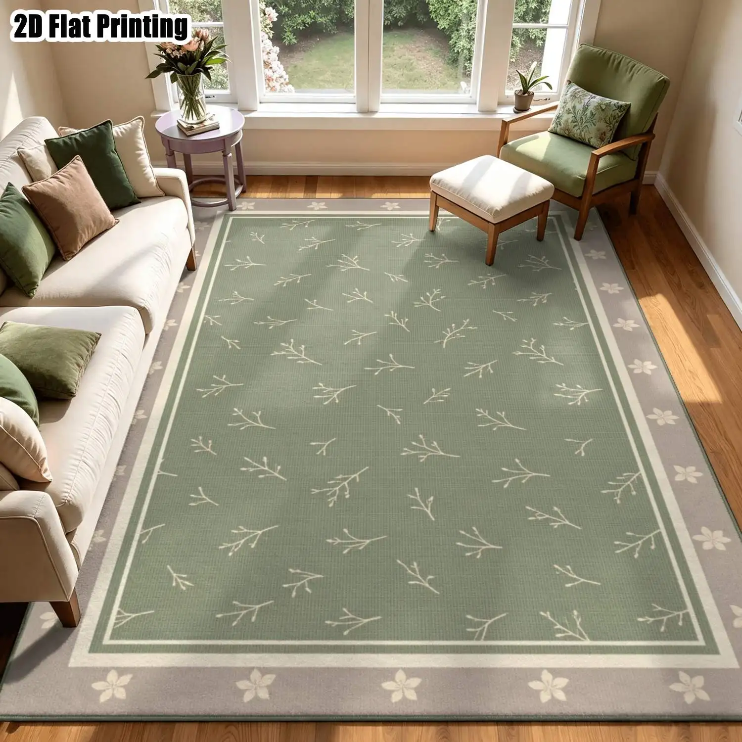 1Pc 2D Printed Carpet: Grey-Green Branch & Flower Nordic Minimalist Floor Mat, Machine Washable, Multi-Size for Home Decor