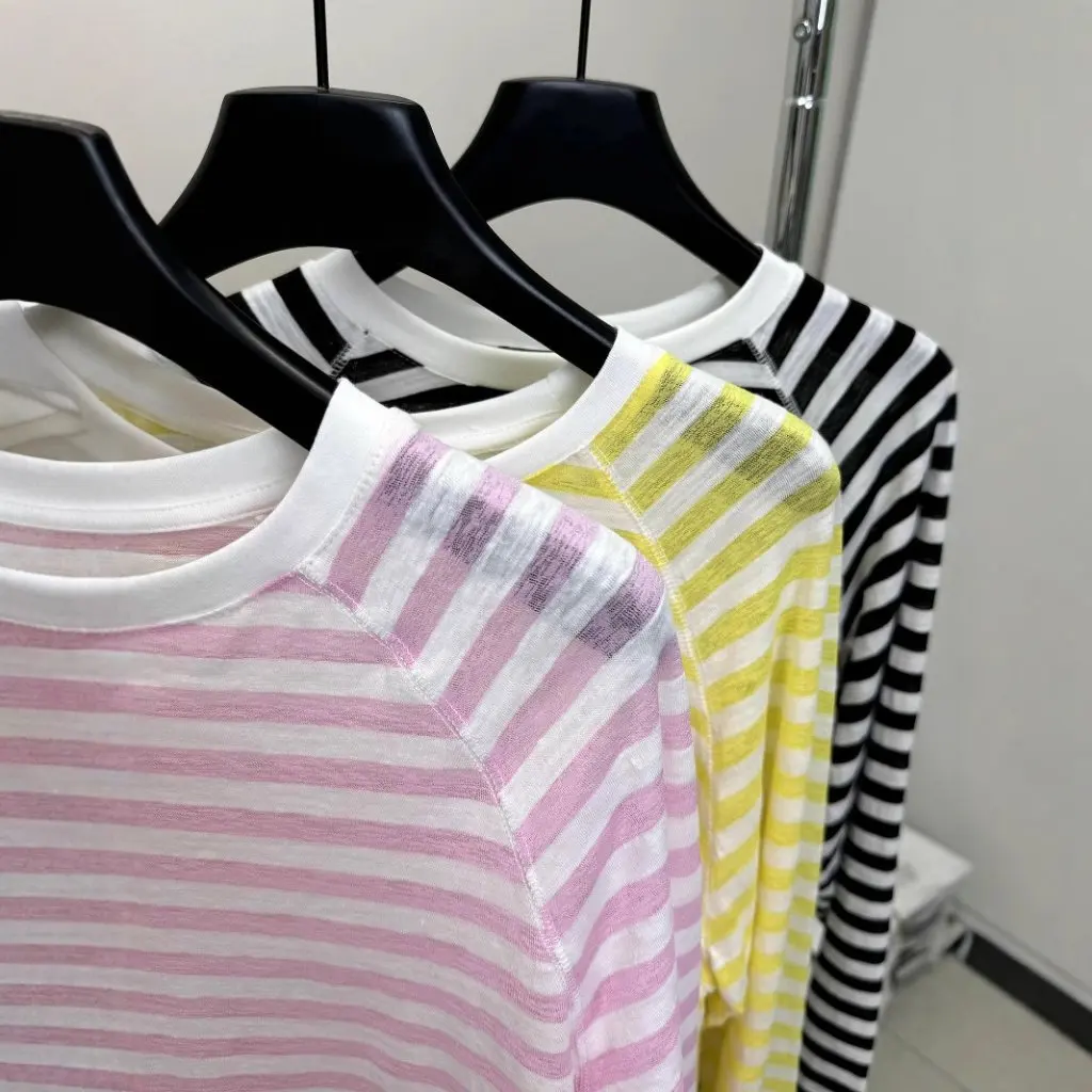 

Korean Pink Stripes Long-Sleeved T-Shirt for Women Summer Thin Sun Protection Casual Loose Blouse Top