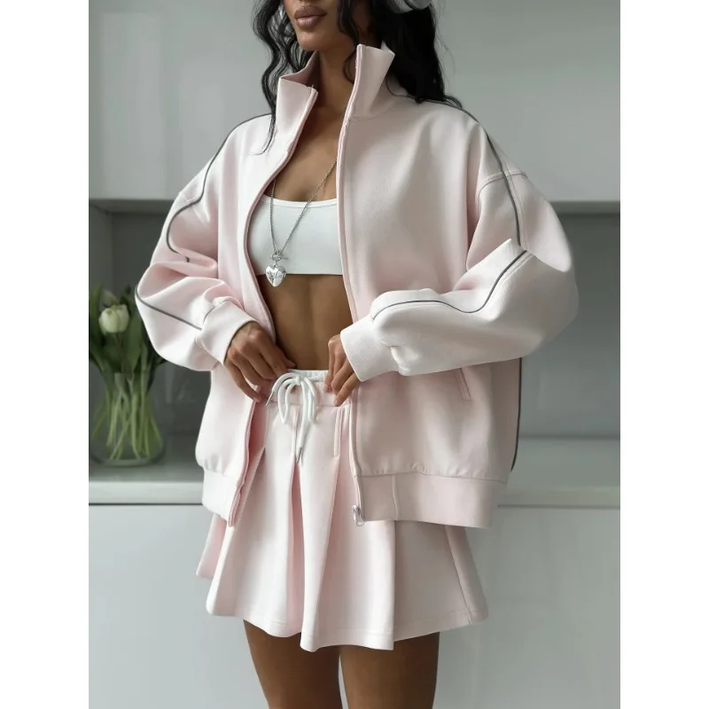 

Casual Fashionable European-style Suit Women's Zipper Cardigan Coat for Sports-style Tie Short Skirt Set
