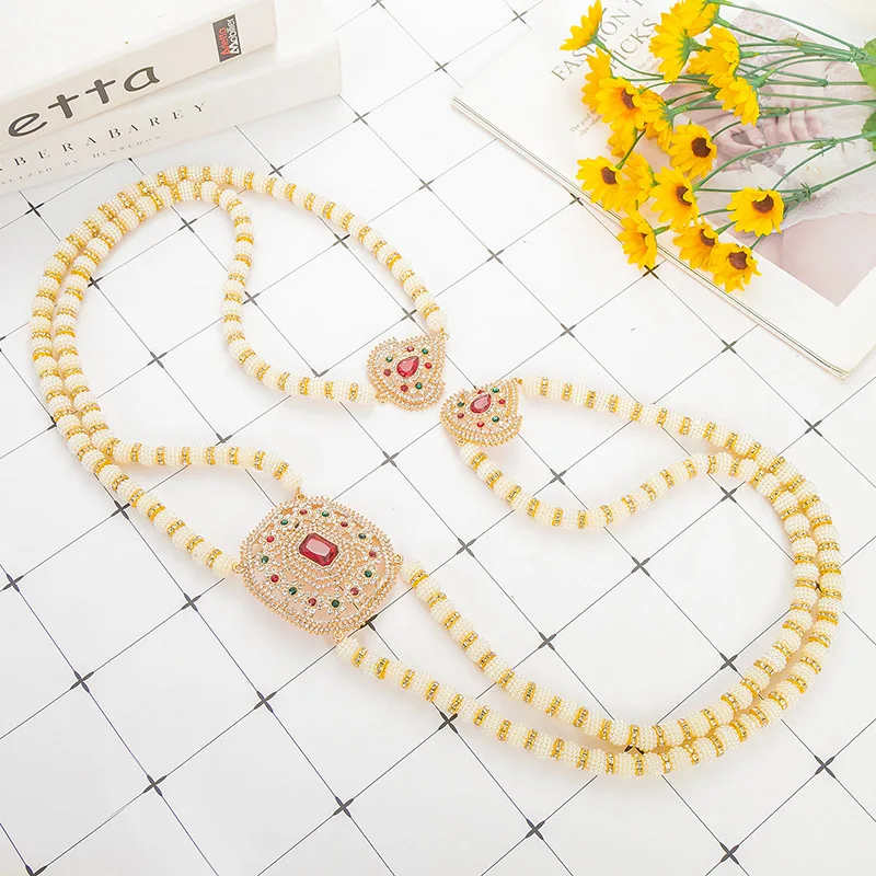 حزام خلفي أنيق مرصع باللؤلؤ والأحجار الكريمة، إكسسوار زفاف رائع لفساتين الزفاف العربية/العرقية والمناسبات التقليدية