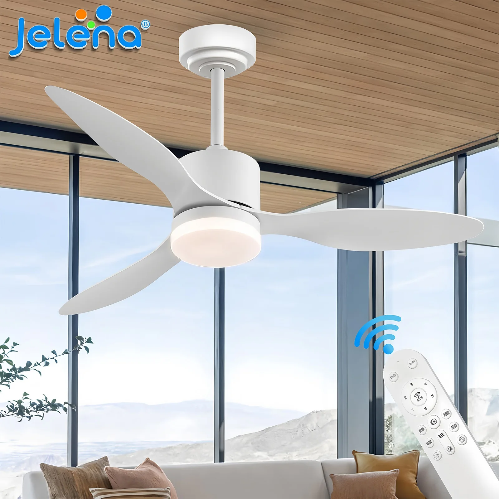 Ventilateur de plafond moderne et simple à moteur DC, intelligent, noir et blanc, avec lumière et télécommande, pour salon et maison