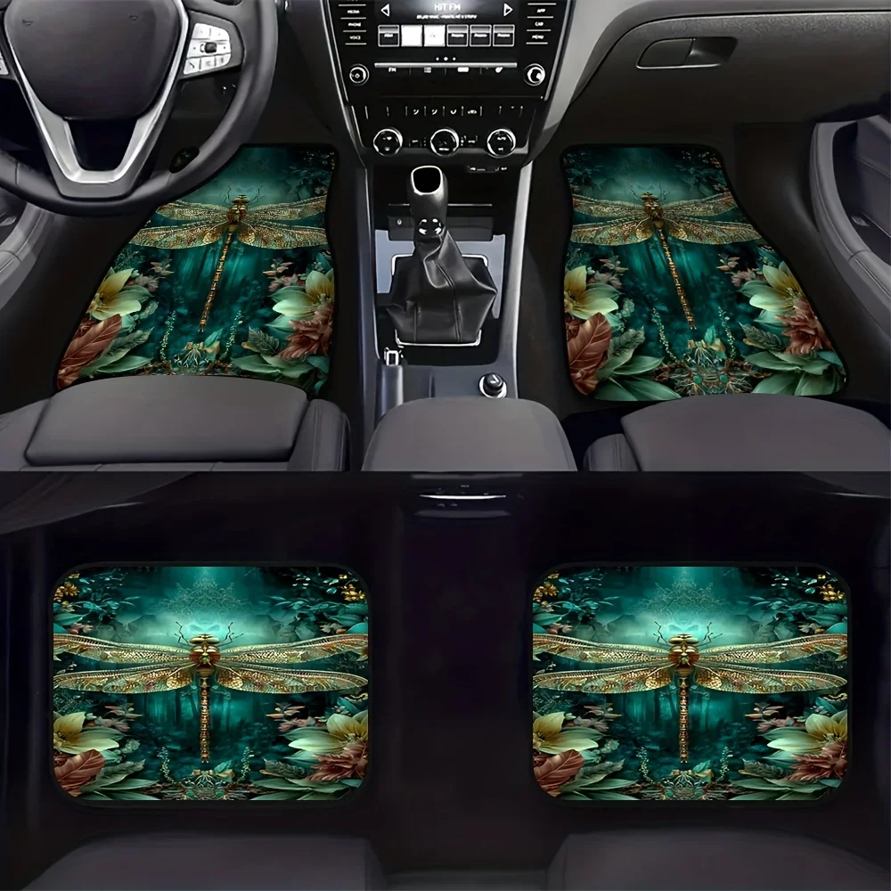 4pcs Dragonfly Art Nouveau Forest Scene SUV Floor Mats | Green & Golden Dragonfly Design, Durable Polyester, Fit For All Vehicle