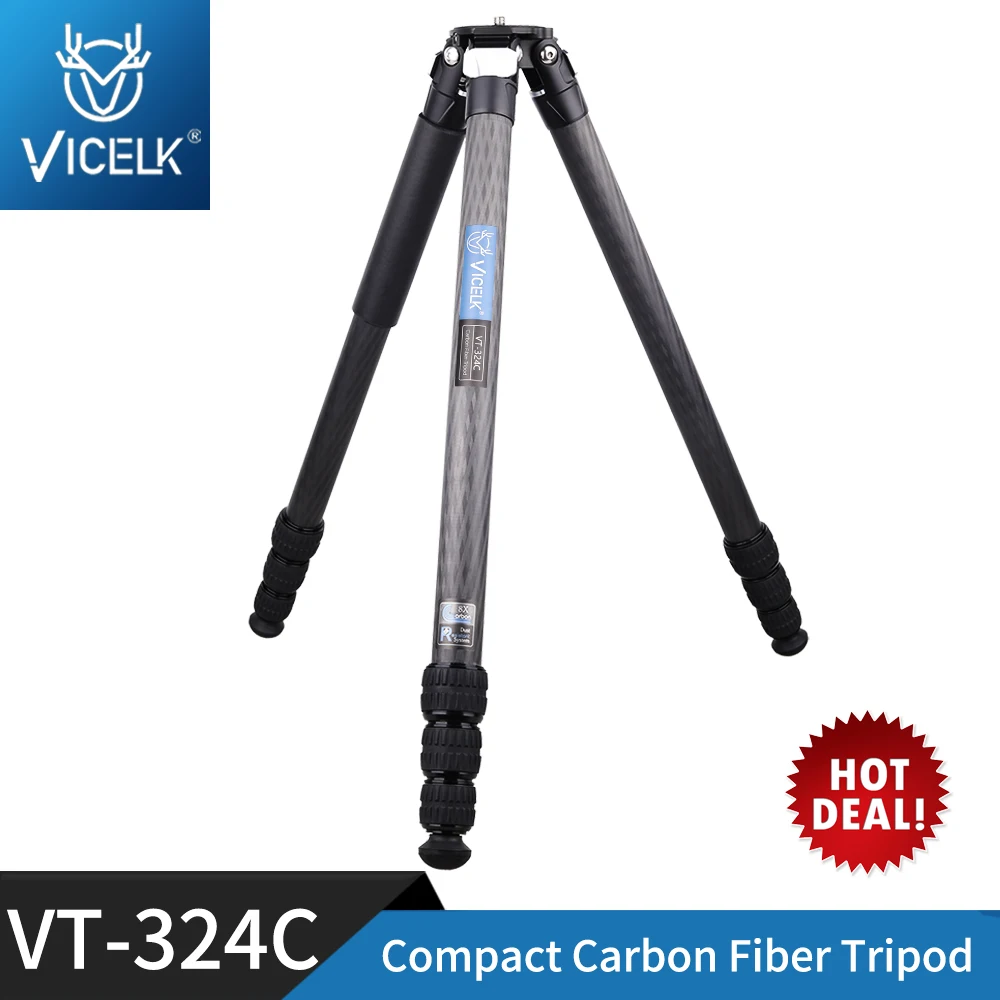 VICELK VT284C/VT-324C 158cm trépied Compact en Fiber de carbone 28/32mm Tube trépied de voyage pour appareil photo robuste pour appareil photo reflex numérique, charge 25kg