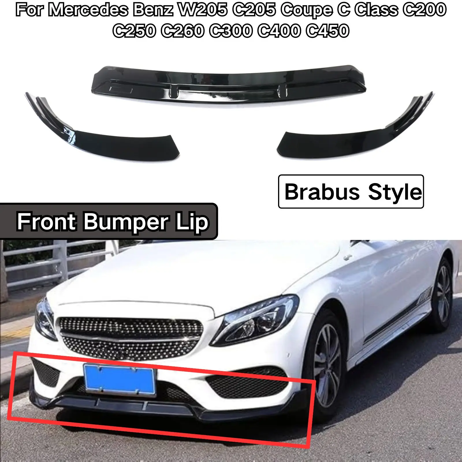 

For Mercedes Benz W205 C205 Coupe C Class C250 C200 C300 C260 C400 C450 2019-21 Front Bumper Lip Brabus Style Accessories