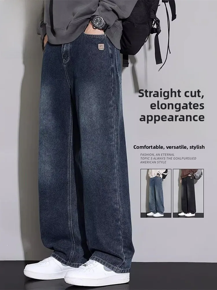 

Мужские свободные джинсы прямого кроя в американском ретро-стиле, весенние длинные брюки, повседневные, из смесового хлопка и полиэстера, износостойкие