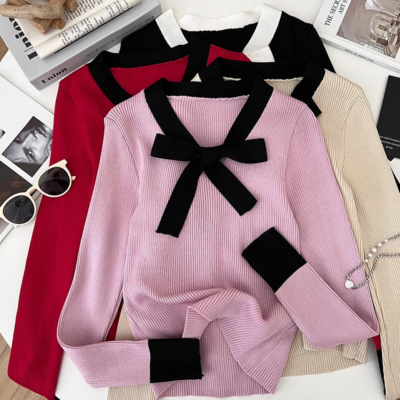 

Sweet Versatile Long Sve Knitted Sweater with Bow Tie Overhead Women's Base irt Top V Ne Winter Regular Fit Slimming