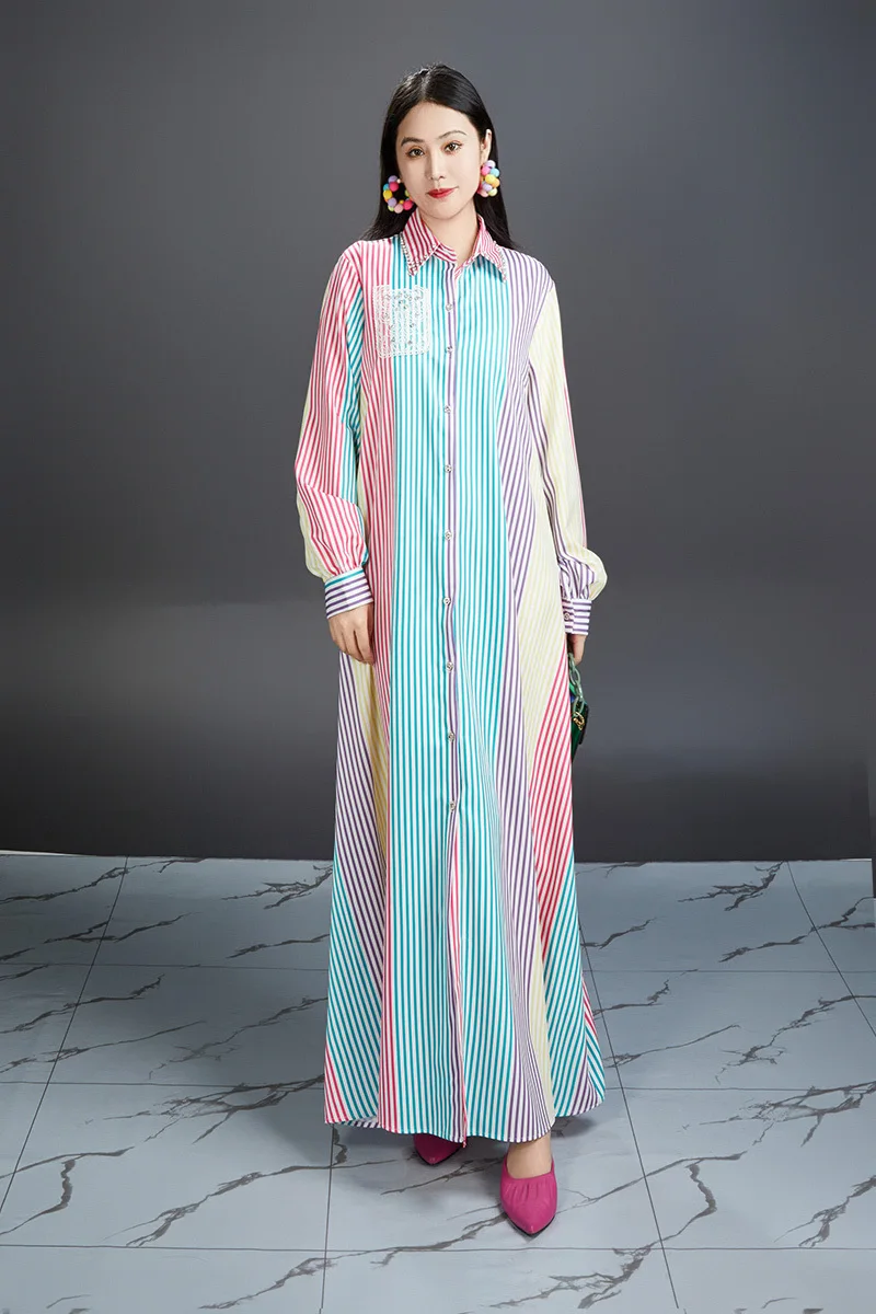 Vefadisa 2025 Spring Autumn New Coffee Striped Women Dress Lapel Long Sleeved Shirt Dress Casual Fashion Elegant Dress ZXY1093A