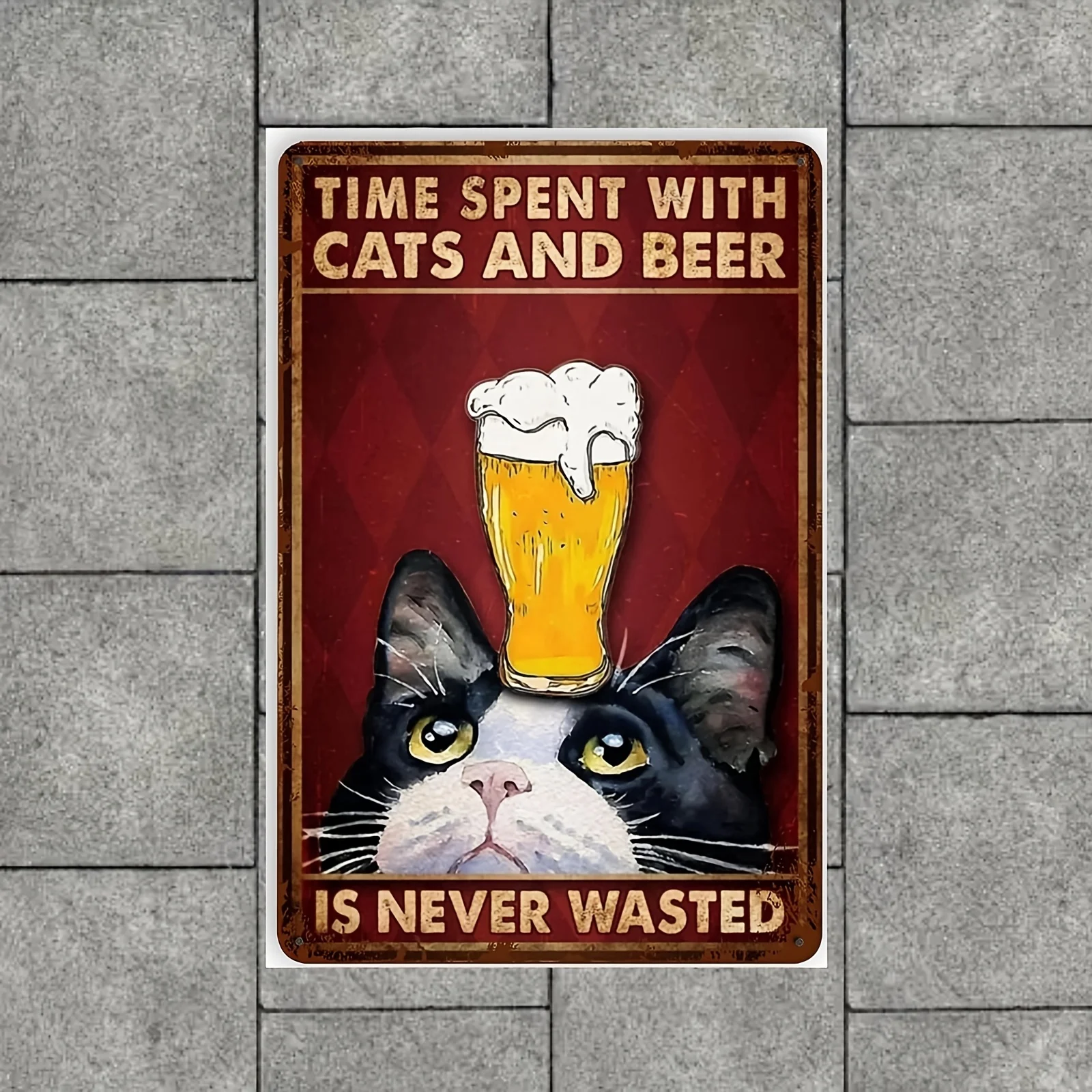 Vintage Cat and Beer Metal Sign - Humorous Frameless Wall Art, Iron, Rectangular, for Home, Bar, Cafe Decor with 