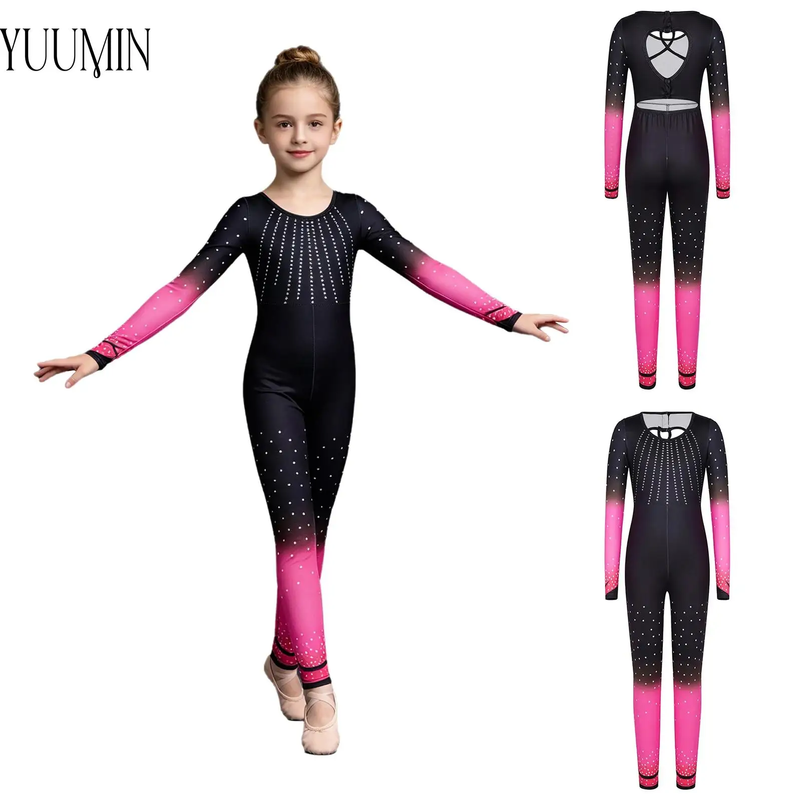 

Kids Girls Figure Skating Gymnastics Dance Jumpsuit Long Sleeve Cross Cutout Back Full Length Yoga Sports Bodysuit