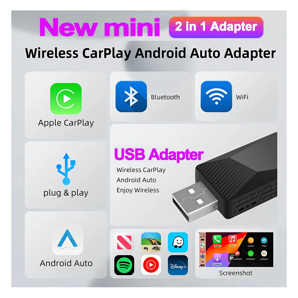 

Wireless Carplay&Android Auto Box Wired to Wireless Dongle Automatic Connect Adapter 5.0 Bluetooth Plug&Play Mini AI Box