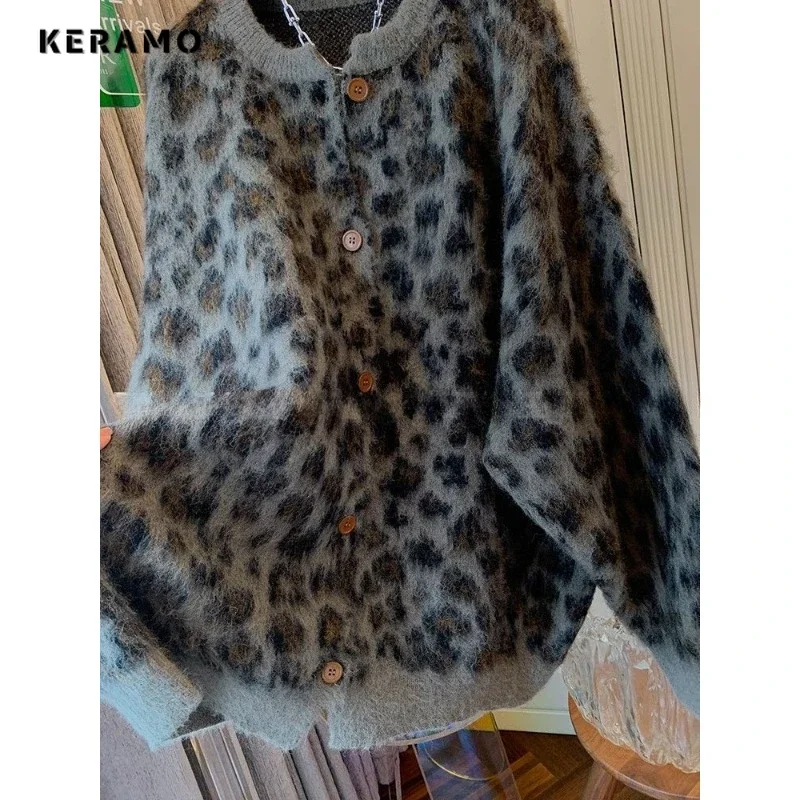 2025 Winter Vintage Single Breasted Sweater Women Knitting Leopard Print Jumpers Fashion Casual Long Sleeve O-neck Cardigans