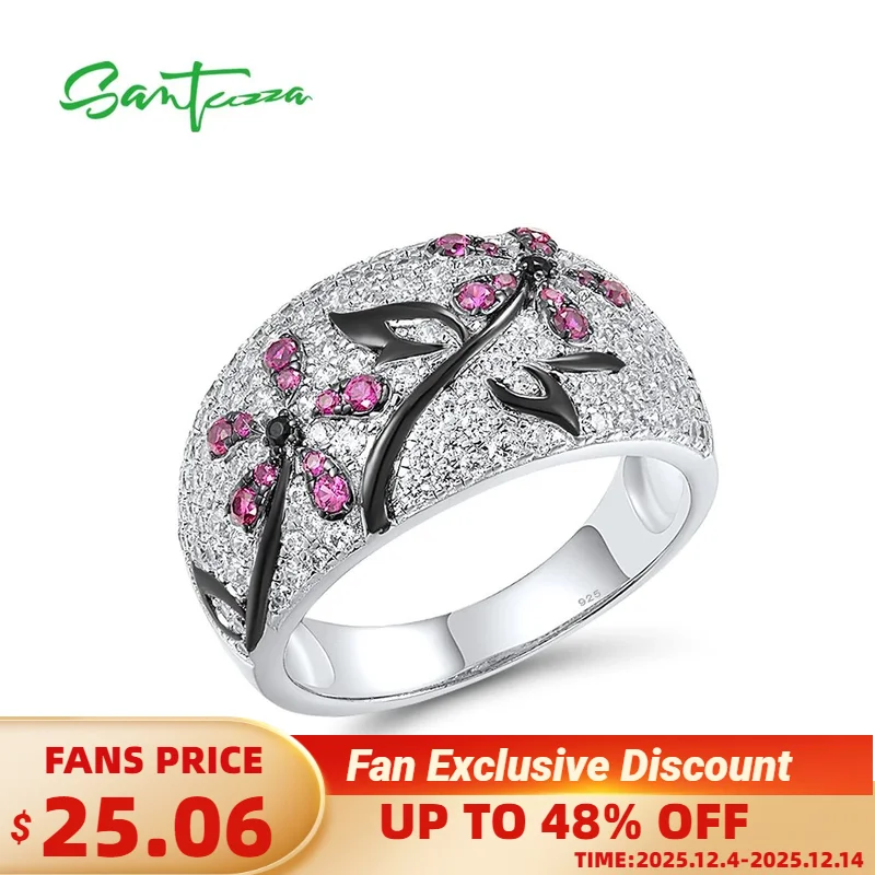 

SANTUZZA Real 925 Sterling Silver Ring for Women Created Ruby Black Spine White Cubic Zirconia Delicate Plant Party Fine Jewelry