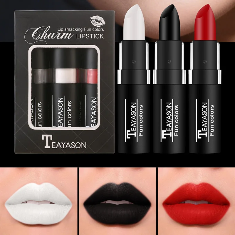 3-in-1 mattierter Lippenstift und Körperbemalung Trio, nicht transferendes Samt-Finish, inklusive Schwarz, Weiß, Rot für Lippen, Gesichts- und Körperbemalung Cos Halowe