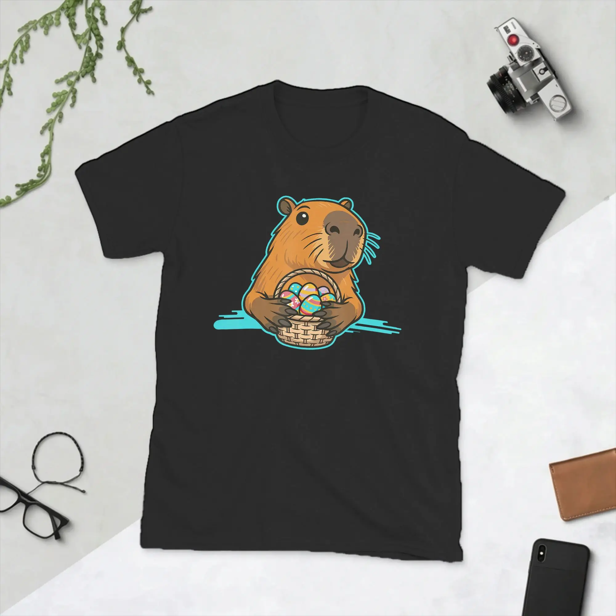 Cute Capybara Easter Egg Basket Funny Easter T Shirt Men's  Cotton Novelty T-Shirts Crew Neck  Tees Short Sleeve Clothing Adult