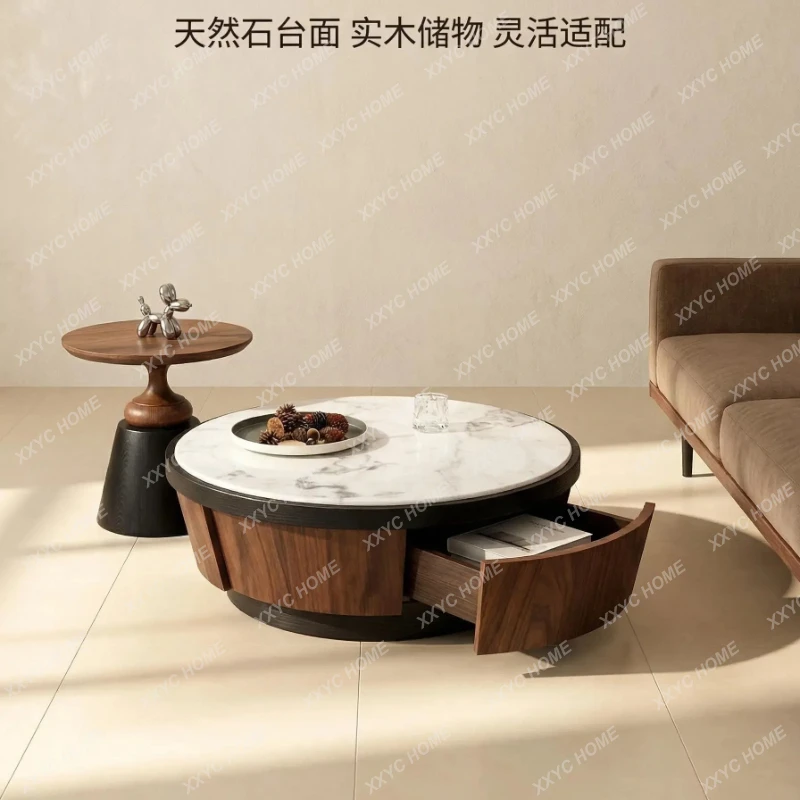 Round Coffee Table Combination  Living Room Household Small Apartment Medieval Natural Marble  Coffee Table