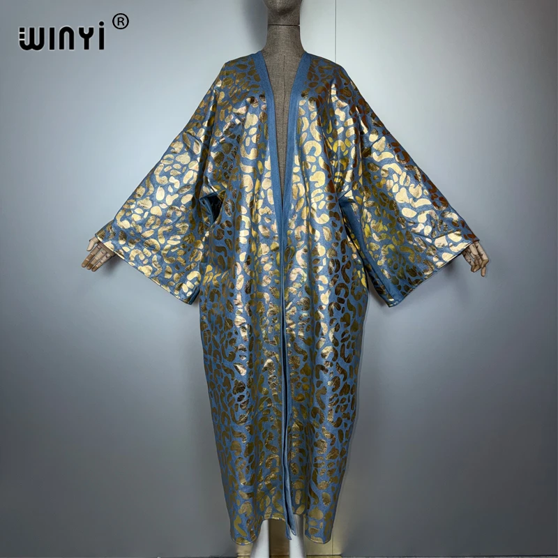 

WINYI Джинсовый кардиган с горячим тиснением Женский длинный пуховик Свободное платье Праздничное пляжное накидка с открытой передней частью Кимоно Дубай Абая кафтан