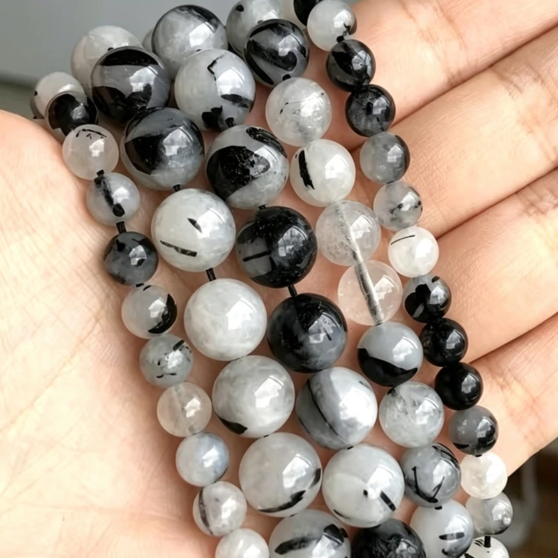 Natural Stone Black Rutilated Quartz Bead Round Loose Spacer Crystal Bead For Jewelry Making Diy Necklace Bracelet Accessory 15