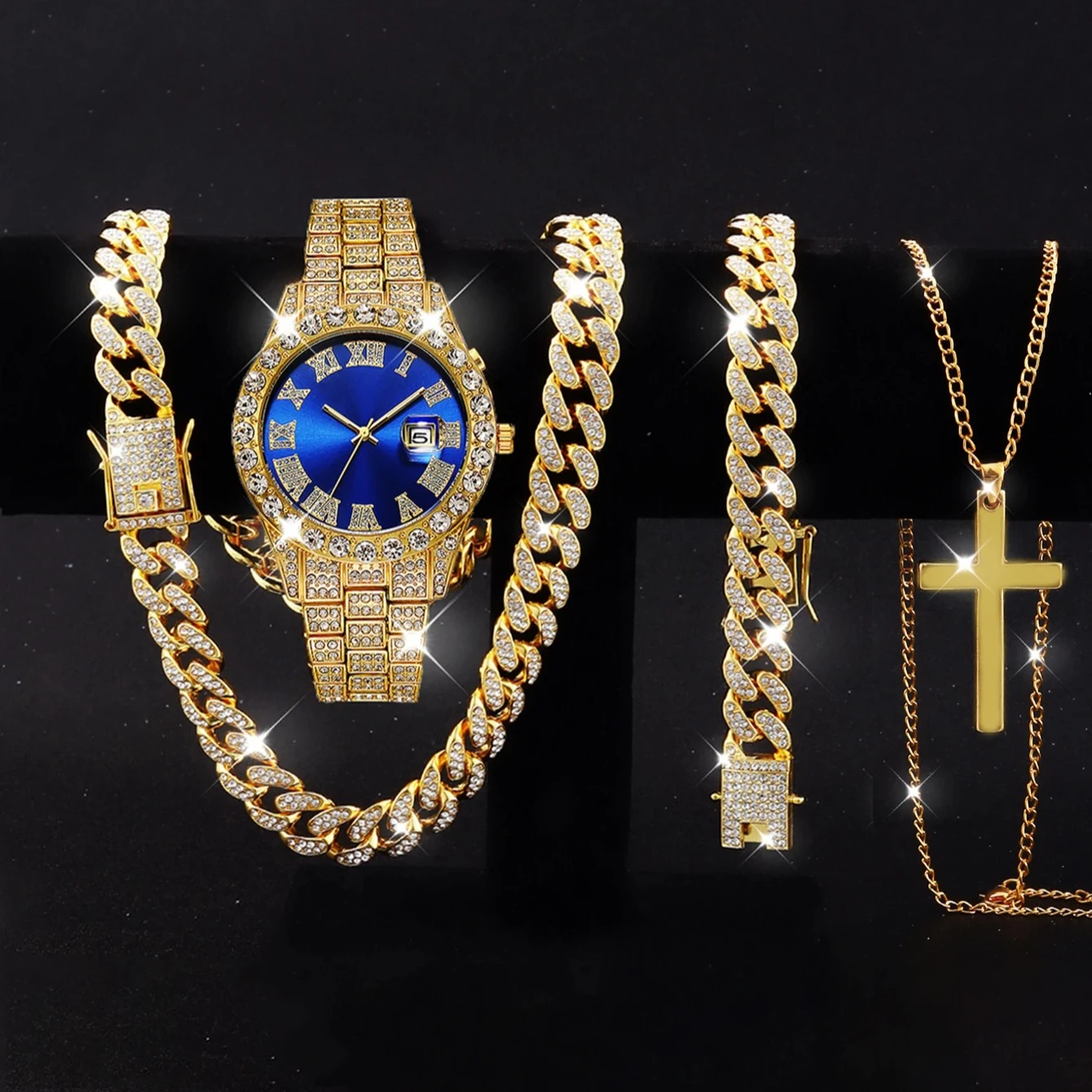 4PCS Luxury Rhinestone Men Calendar Quartz Watch Hip Hop Necklaces Bracelet Set Fashion Stainless Steel Band Mens Wristwatch view 4