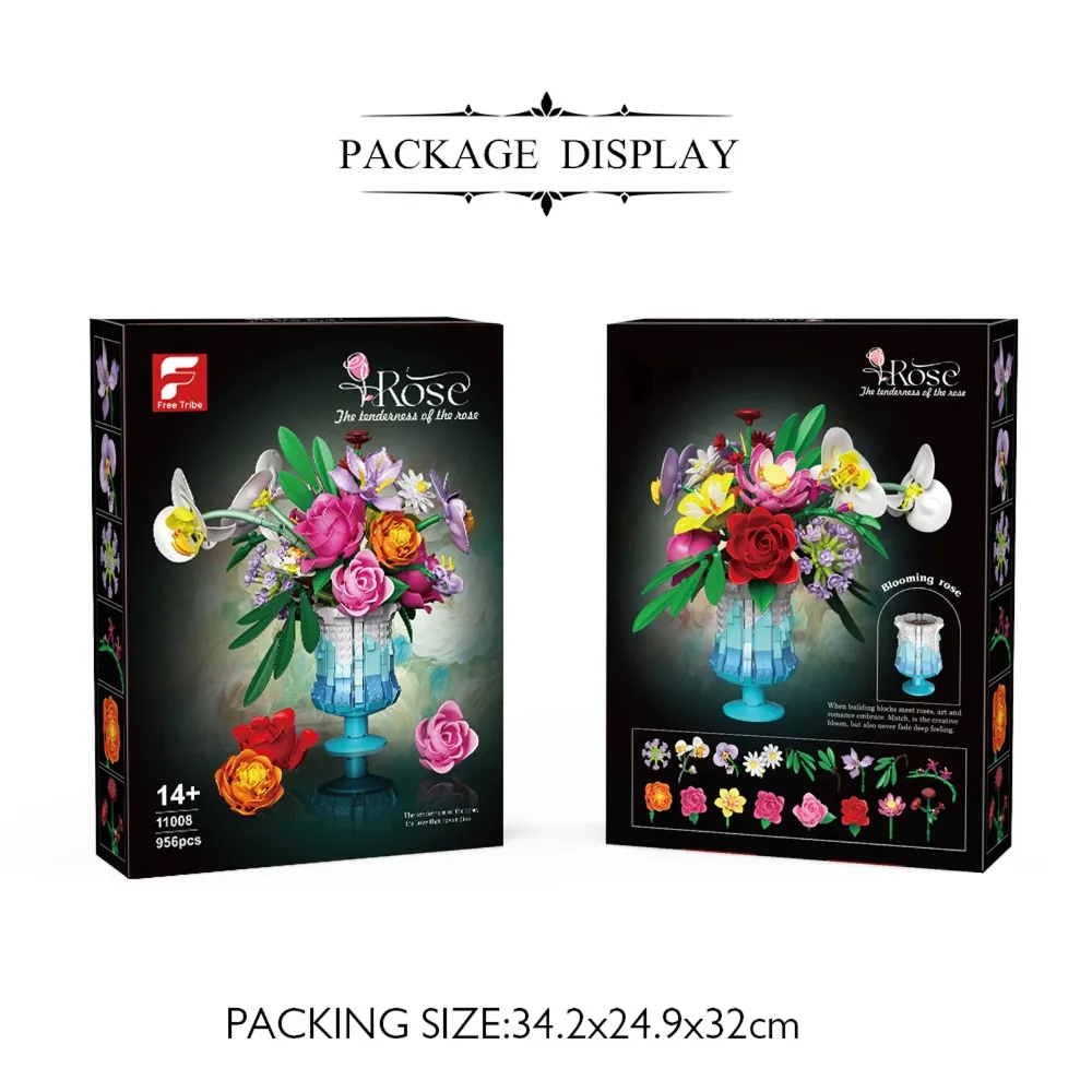 956 قطعة مجموعة بناء مزهرية الورد لتقوم بها بنفسك نموذج باقة الأزهار مع كتل الجسيمات الصغيرة تجميع ألعاب الأطفال هدايا عيد الميلاد #1