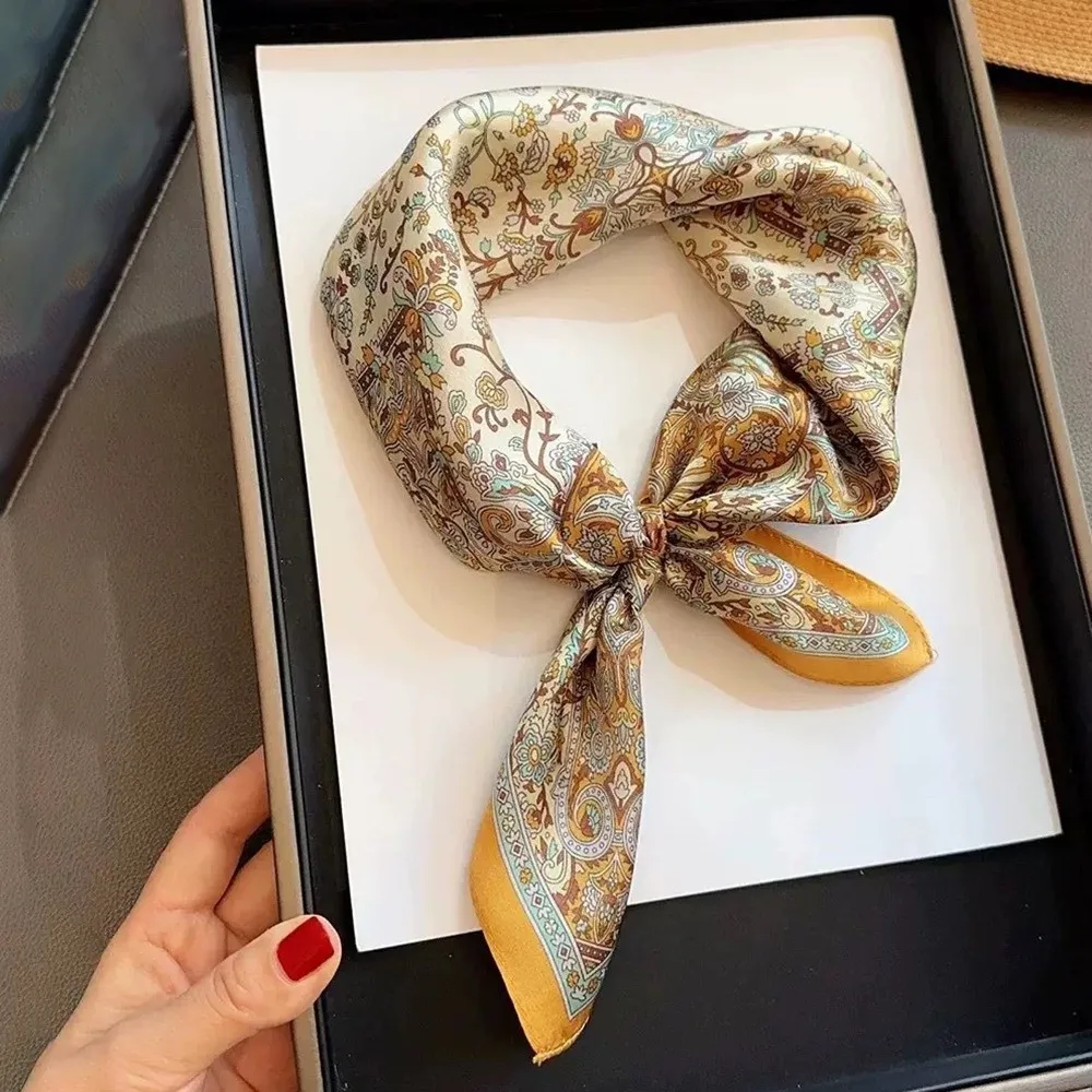 

70x70cm Square Scarf Hijab Bohemia Style Floral Pattern Imitation Silk Scarf Sun Protection Elegant Hair Scarf for Women Female