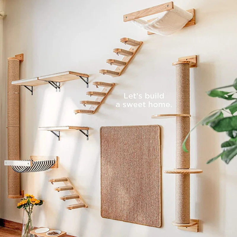 

Cat Climbing Frame Wall-mounted Solid Wood Cat Stairs Sisal Rope Board Climbing Stairs Cat Scratching Post Cat Hammock