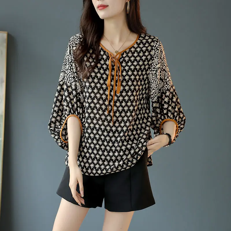 

Summer Fashion Floral Loose O-neck Lantern Sleeve Blouse Women Clothes Office Lady Lacing 3/4 Sleeve Shirts Female Casual Tops