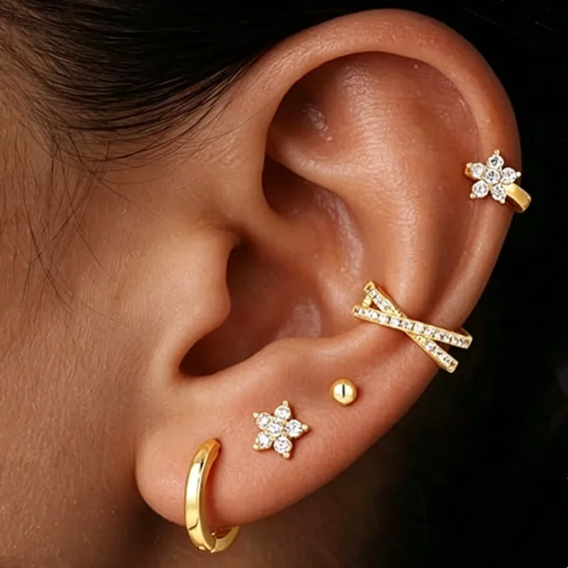 5PCS Shiny Flower Crystal Lobe Hoop Earrings Set For Women Zircon Gold Plated Cartilage Huggie Pendant Helix Piercing Jewelry
