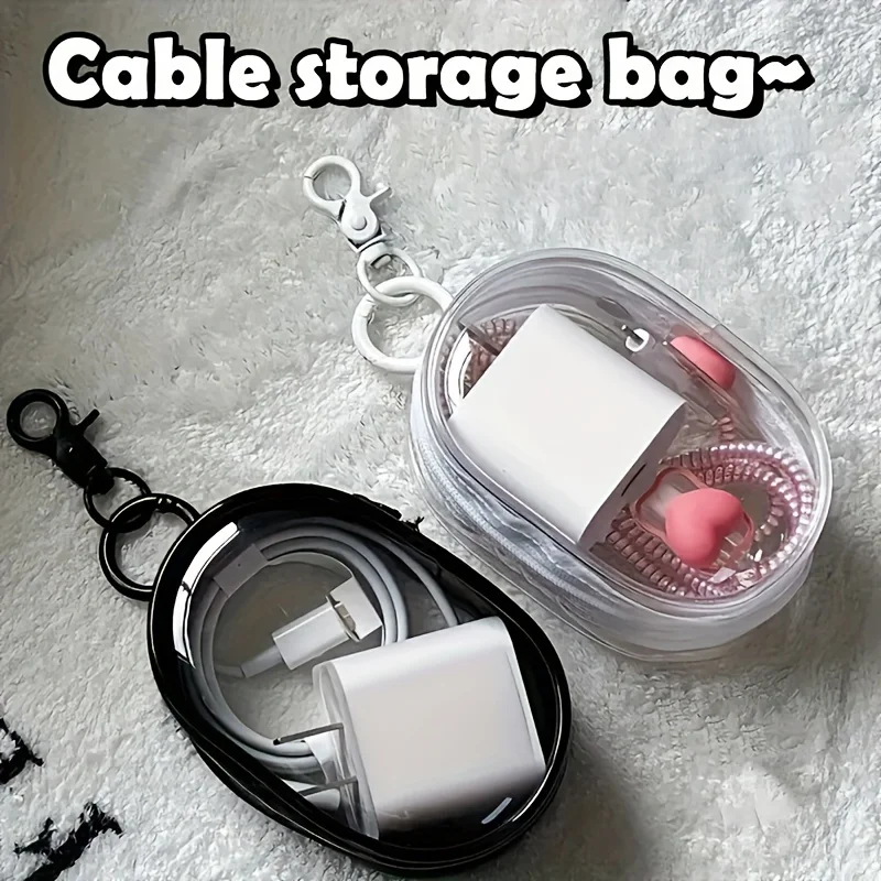 2pc Compact Clear Zippered Storage Bag With Keychain - Multifunctional Organizer For Earphones, Chargers & Travel Accessories