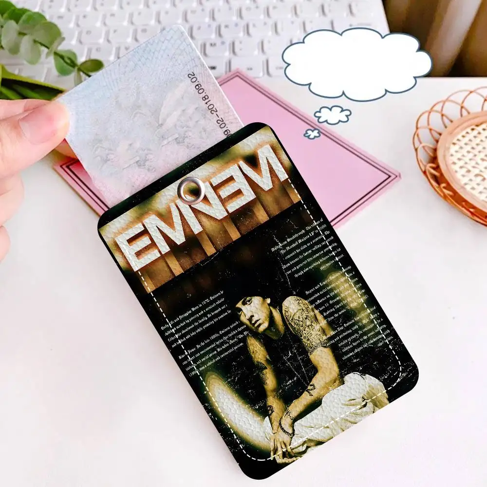 Rapper Singer E-Eminem 1Pc Access Card Case Leather Card Holder Keychain Key Ring Door Access Tags ID Card Case Keychain