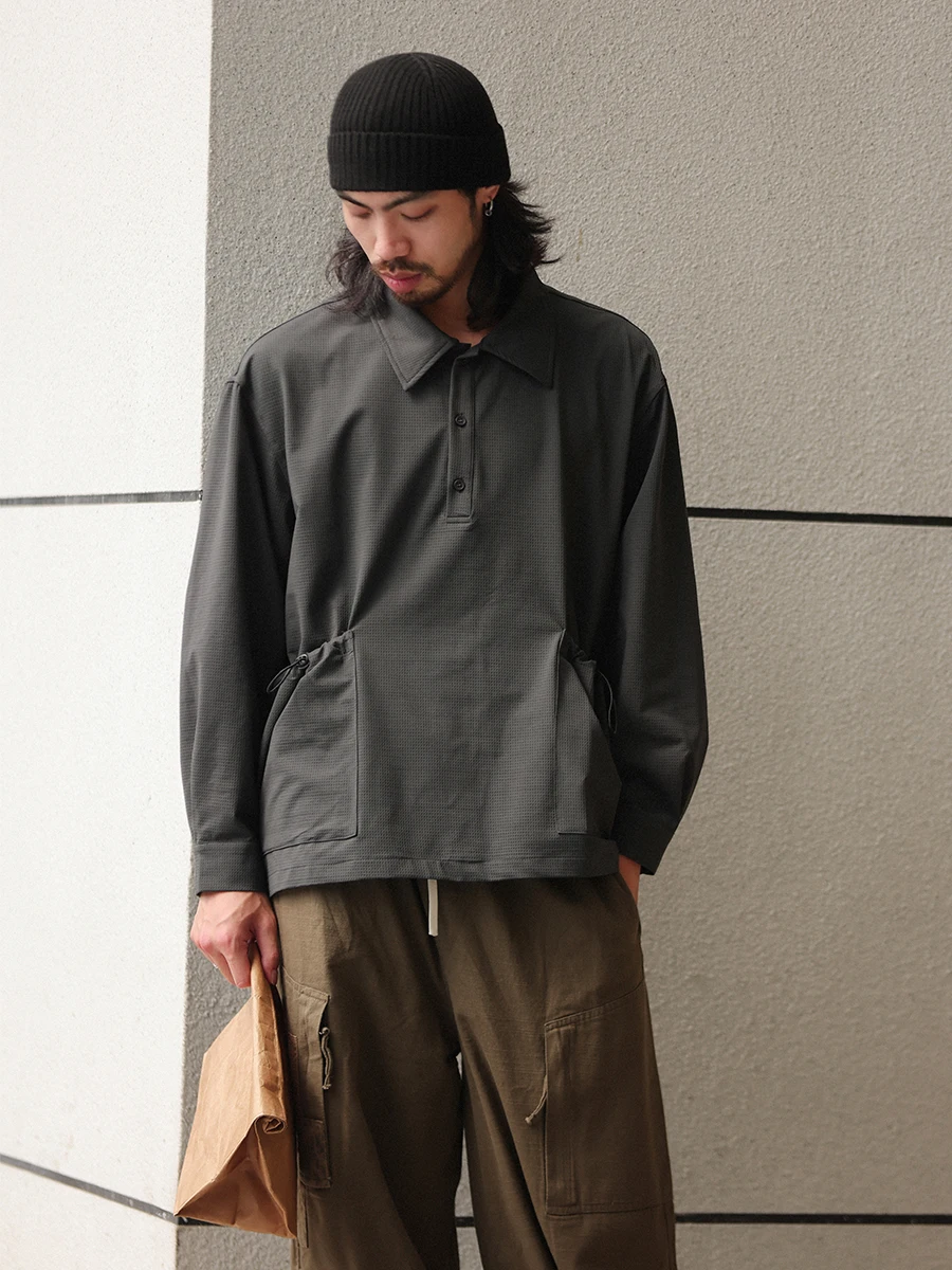 

Noears Spring Autumn Deep Grey Black Half Button Long Sleeve Turn-down Collar Men's Shirt Loose Fit Commute Design Sense