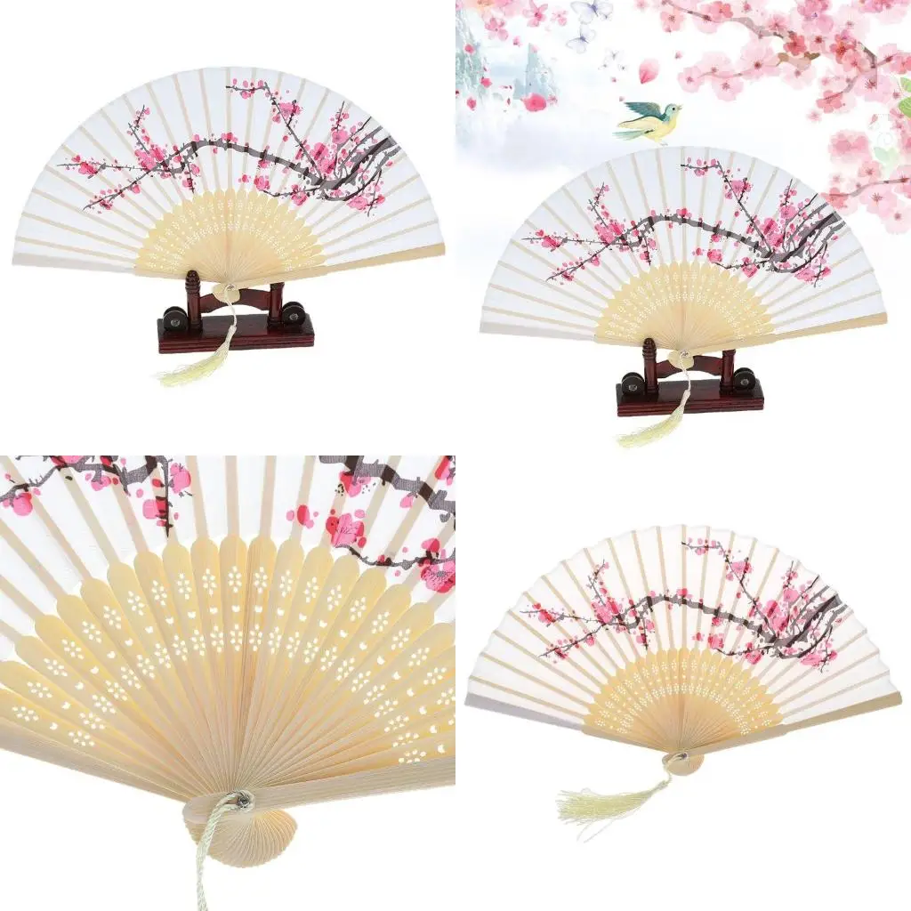 

Vintage Chinese Folding Hand Held Fan Japanese Plum Blossom Tassel Silk Bamboo f high quality