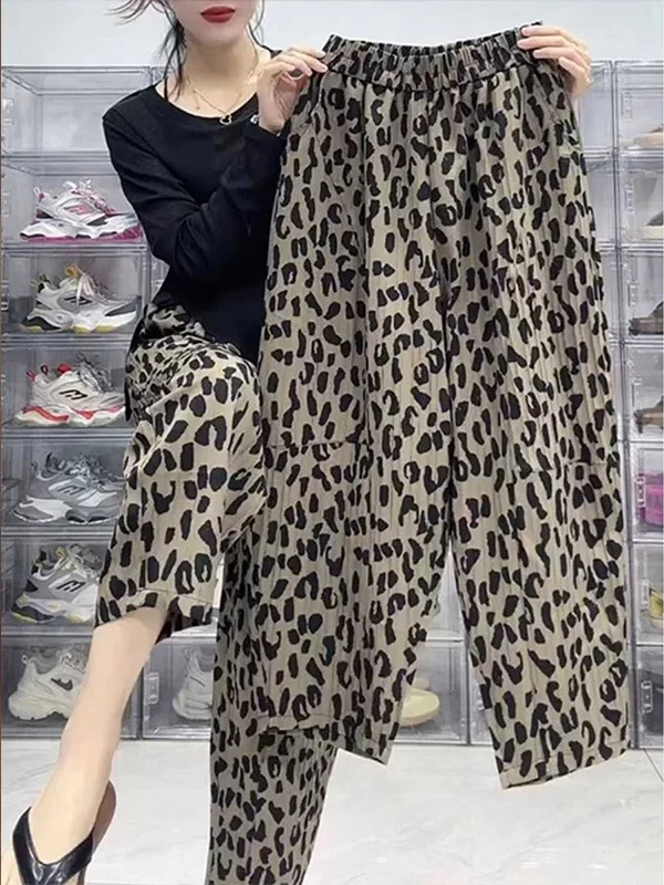 plus Size Women's Straight Leg High Waist Leopard Print Casual Harlan Pants Summer New Style Slimming Hip Covering Nine Points