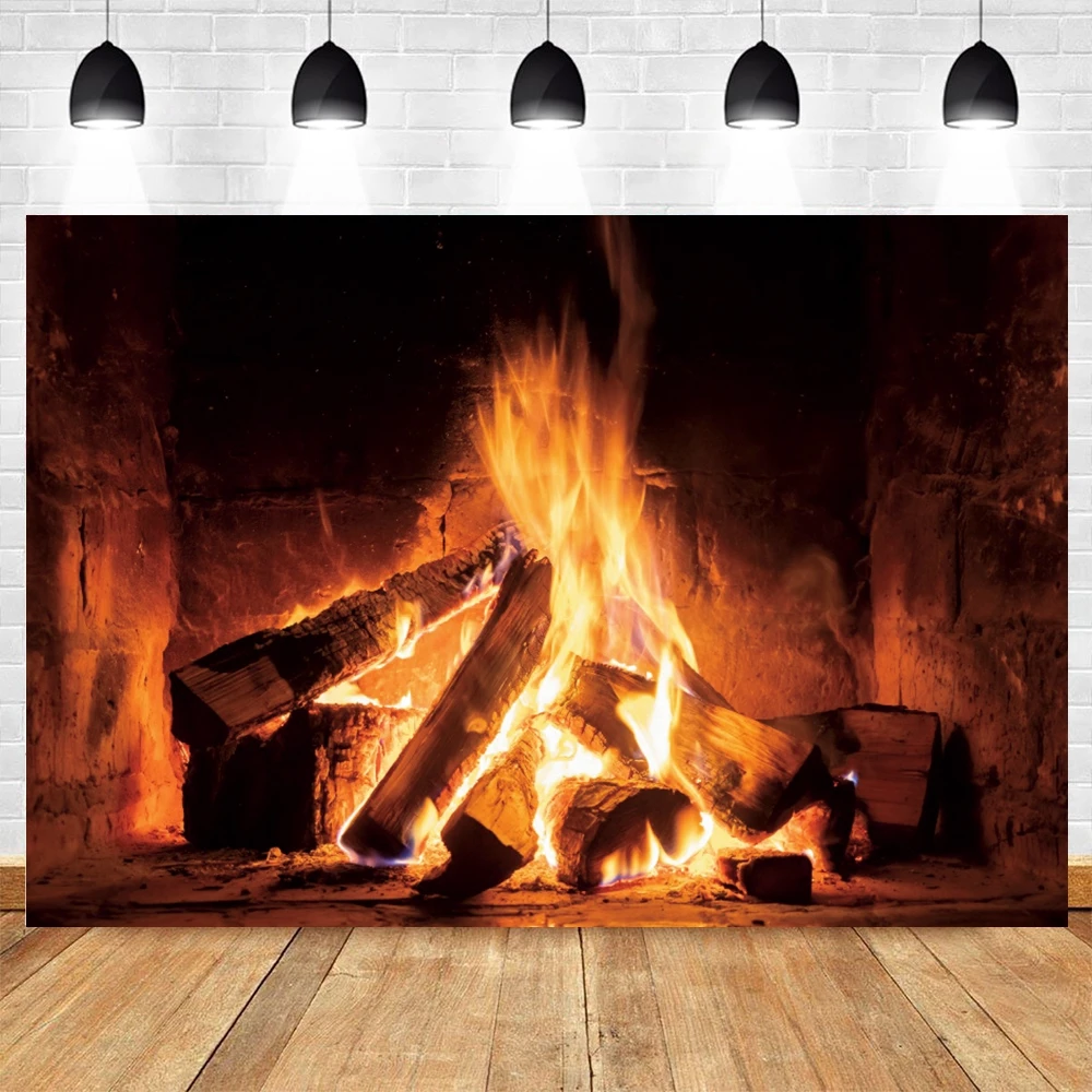 Burning Flame Photography Backdrop Winter Christmas Brick Fireplace Wood Fire Wallpaper Adults Baby Portrait Photo Background