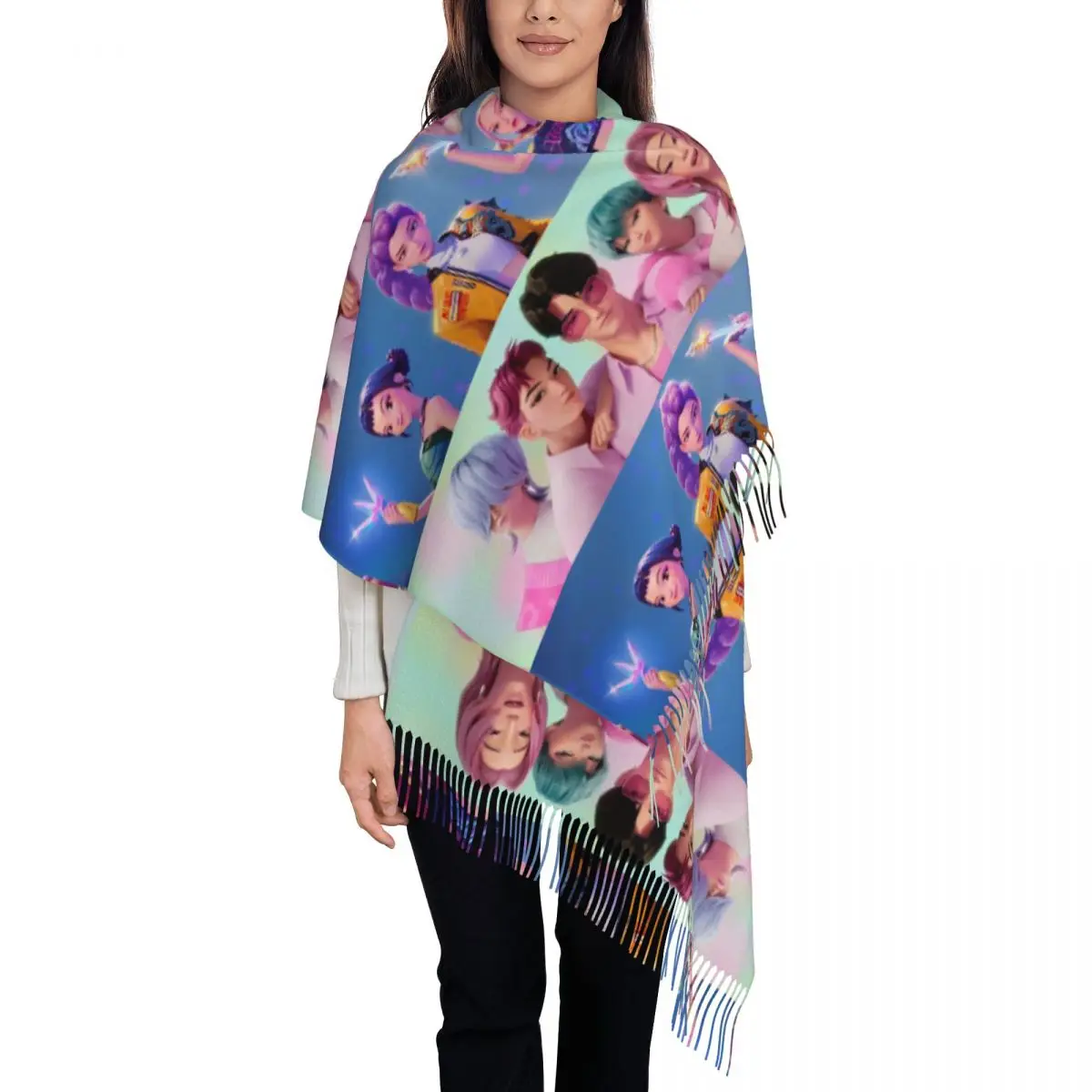 

Huntrix Saja Boys KPop Demon Hunters шаль для женщин зимний теплый длинный мягкий шарф пашмины шарфы с кисточками