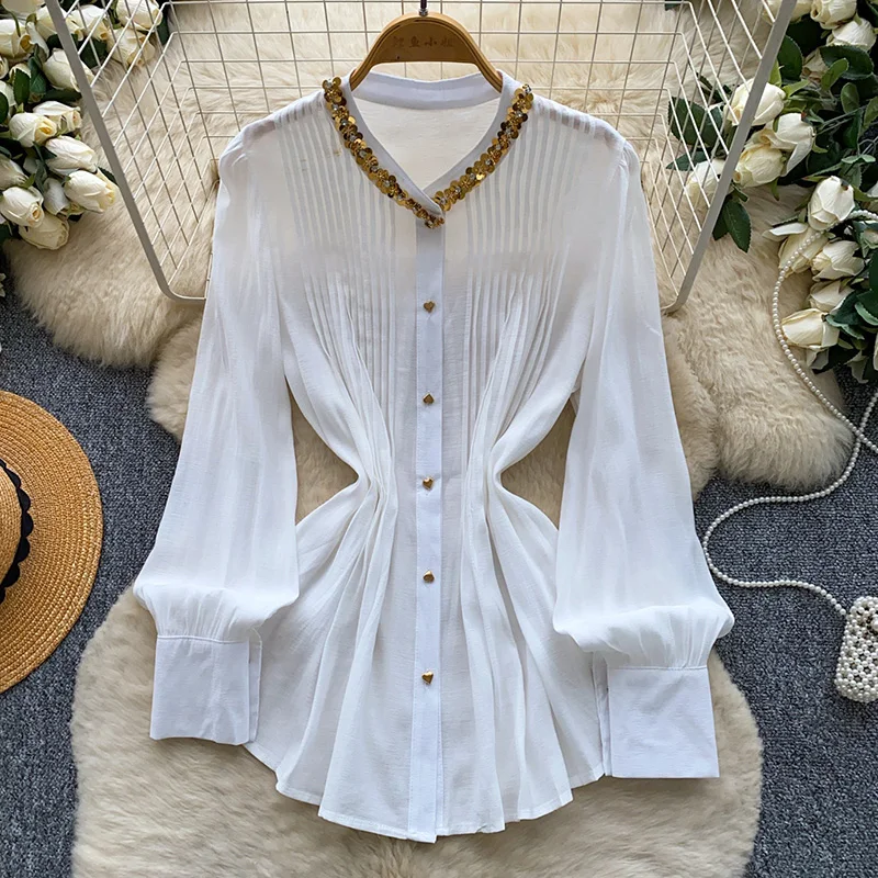 French Style Beaded Chiffon Blouse Women Long Sleeve Loose Fit Breathable White Summer Office Lady Shirt Female Tops BL505