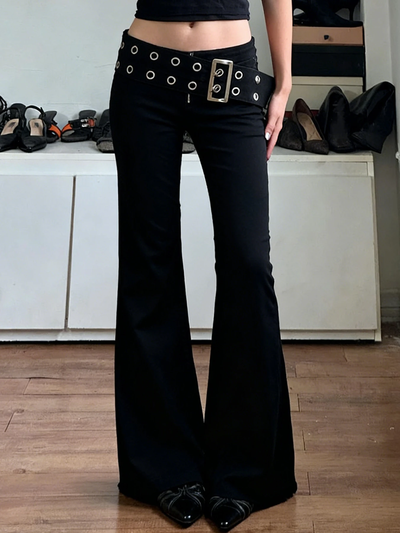 

Street Style Dark Jeans Bell Bottoms Women's Slim Fit Bootcut Jeans Pigeon Eye Belt Design Versatile Straight Leg Trousers