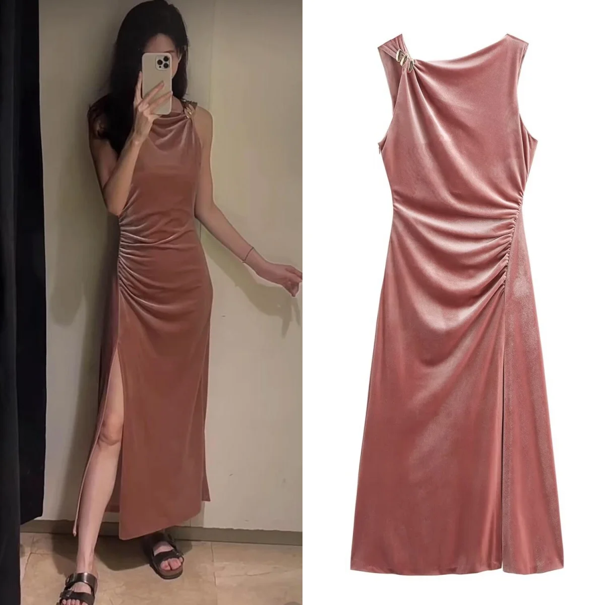 

Summer Women Fashion Slit Hem Pleated Dress French Velvet Dress Elegant Sleeveless Side Zipper Midi Dress TRAF