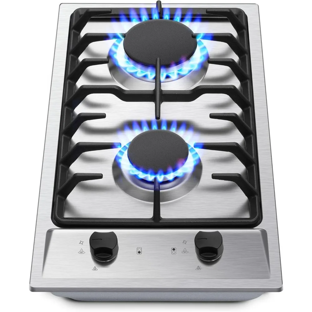 2-Burner Gas Cooktop with Thermocouple Protection - NG/LPG Convertible 12 Stainless Steel Built-in Gas Stove Top for RV,