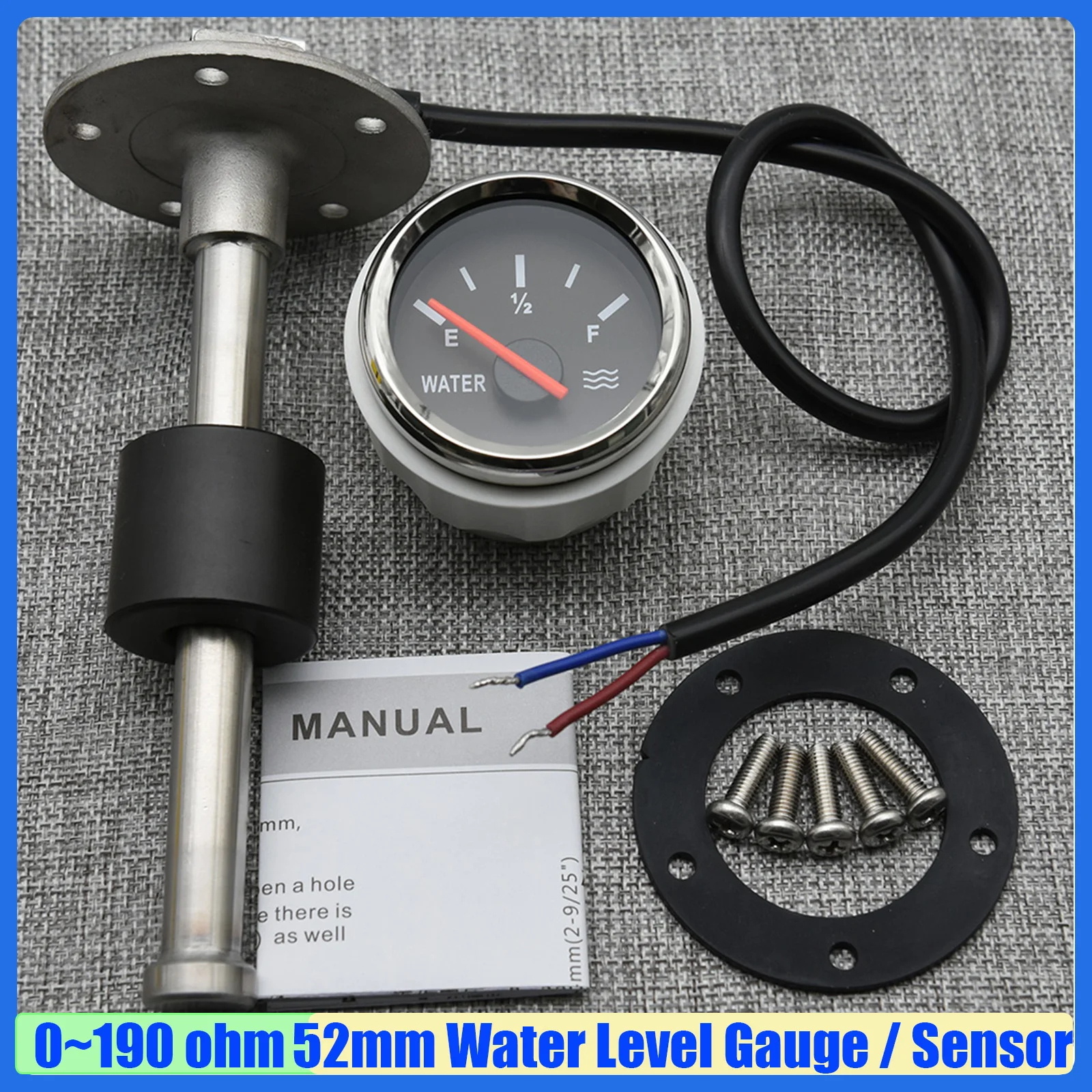 

Red Light Pointer 52mm Water Level Gauge 0-190ohm Water Level Sensor 100~550mm for Car Boat Marine Water Meter 12V24V Custom