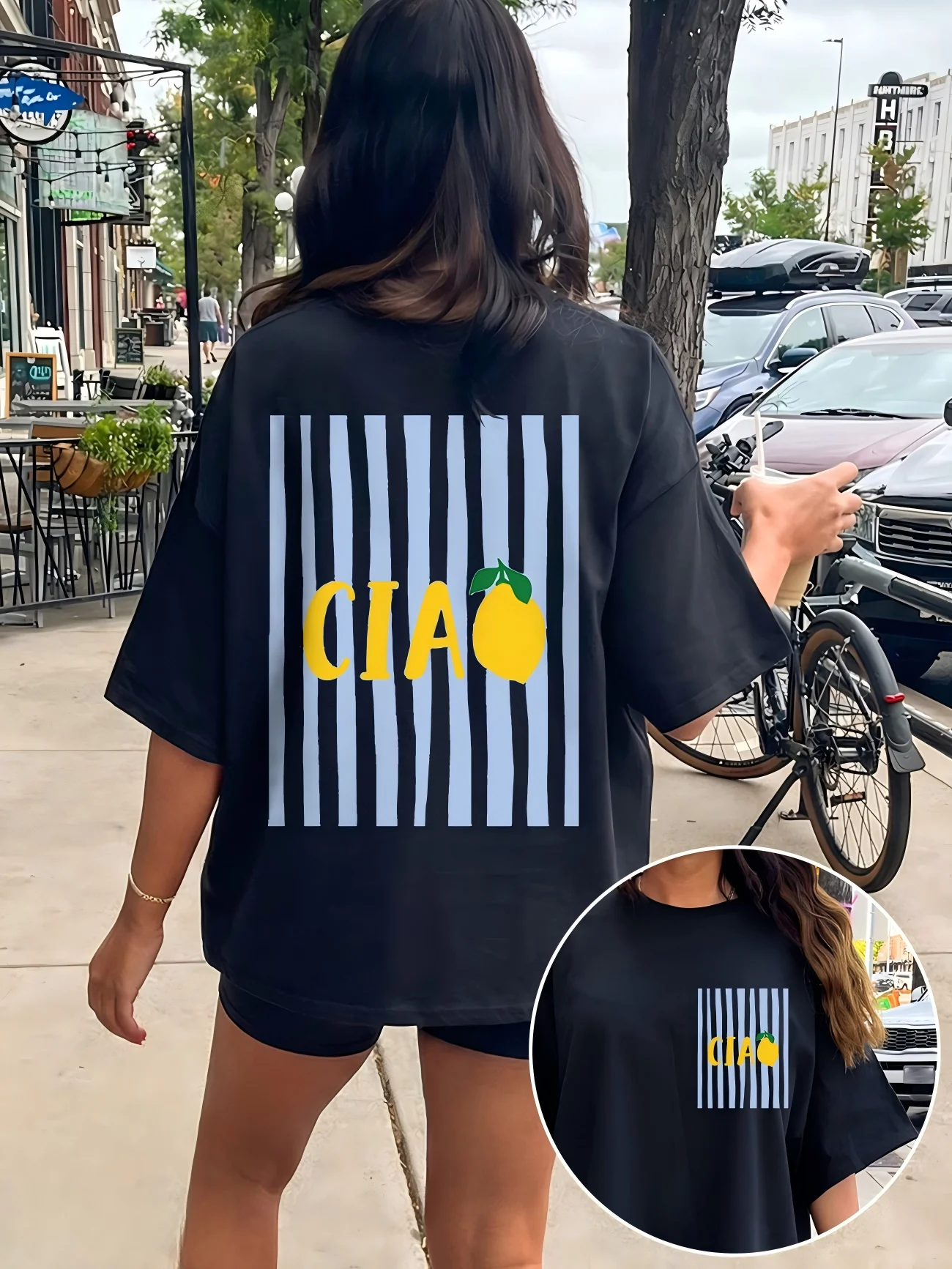 Camiseta gráfica Ciao Lemon, camiseta a rayas con estampado de frutas, ropa informal de verano Harajuku, Tops informales de poliéster a la moda para mujer