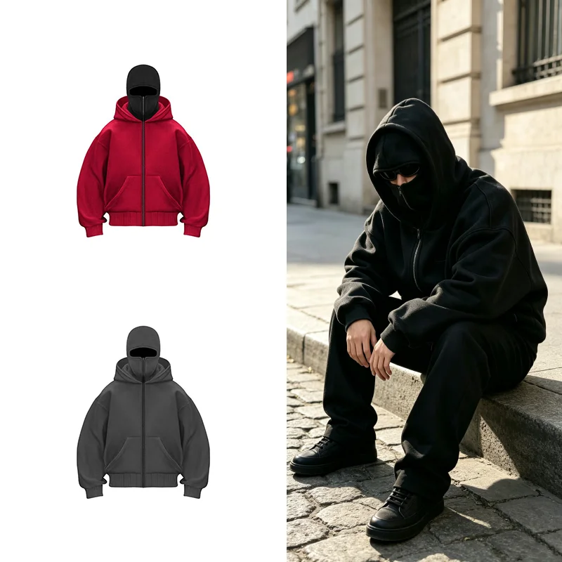 Unisex New Y2K Gothic Harajuku Balaclava Winter Warm Double Hooded Sweatshirt Hooded Mask Zipper Sports Jacket for Men And Women