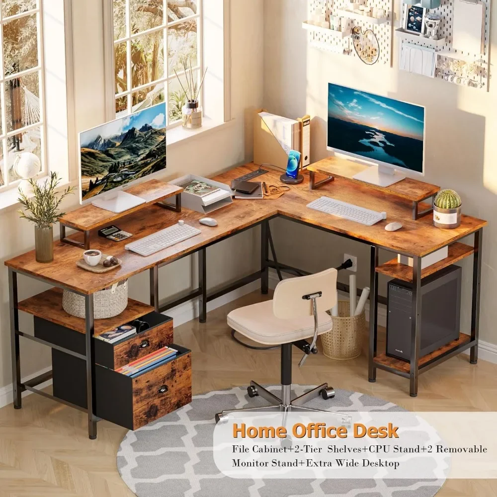 66” L Shaped Desk with Power Outlet, Reversible Computer Desk with File Drawer & 2 Monitor Stands, Home Office Desk