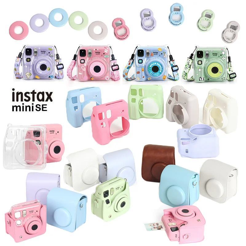 For FujiFilm Instax Mini SE/7+/7S/7C Instant Camera, PU Camera Bag with Strap, Clear Case, Silicone Cover, Selfie Close-up Lens