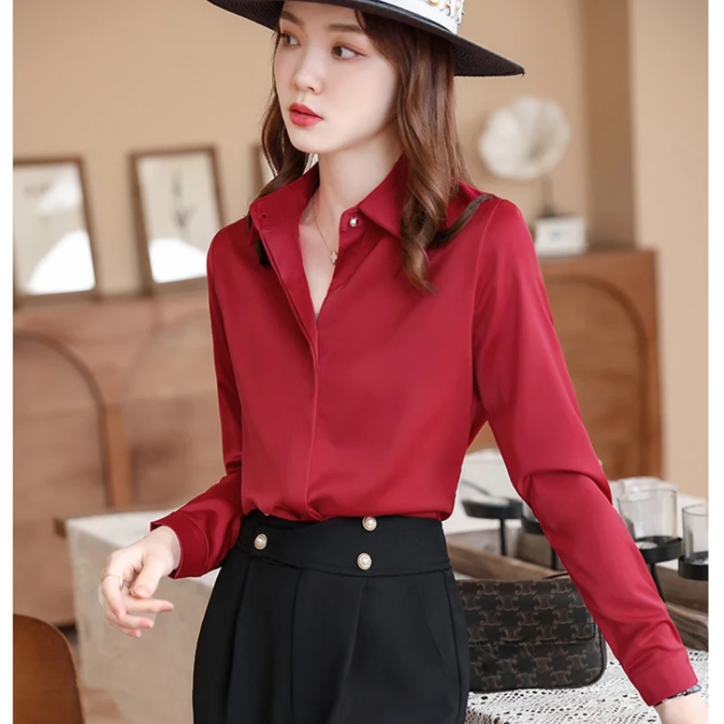 Red Women Shirt New Korean Fashion Women Clothing OL Satin Blouse for Women Long Sleeved Women\'s Shirt Basic Elegant Women Tops