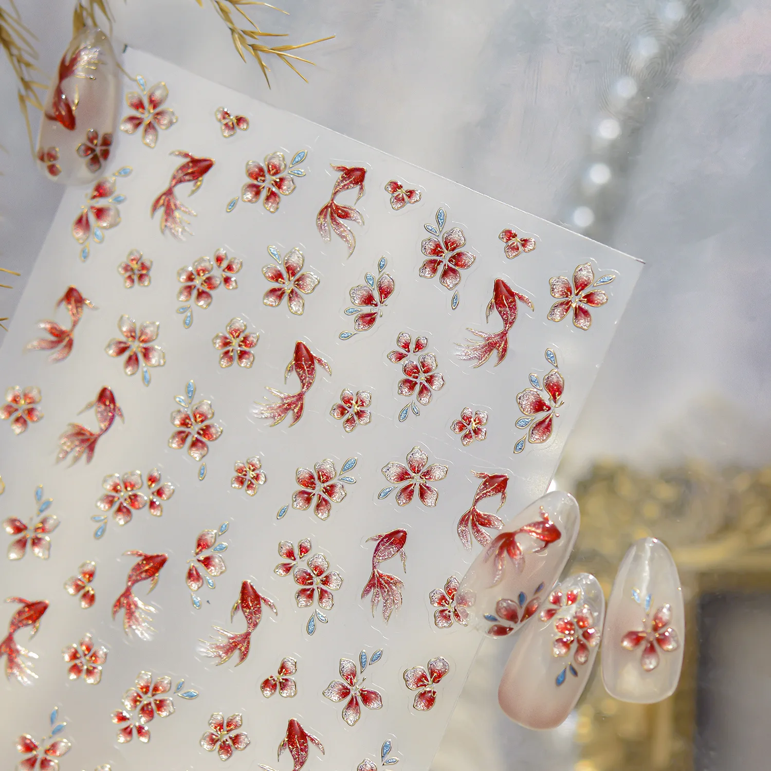 

Gold Foil Nail Stickers Retro Nail Stickers New Chinese-style Goldfish Flower Adhesive Decorative Nail Stickers Accessories DIY