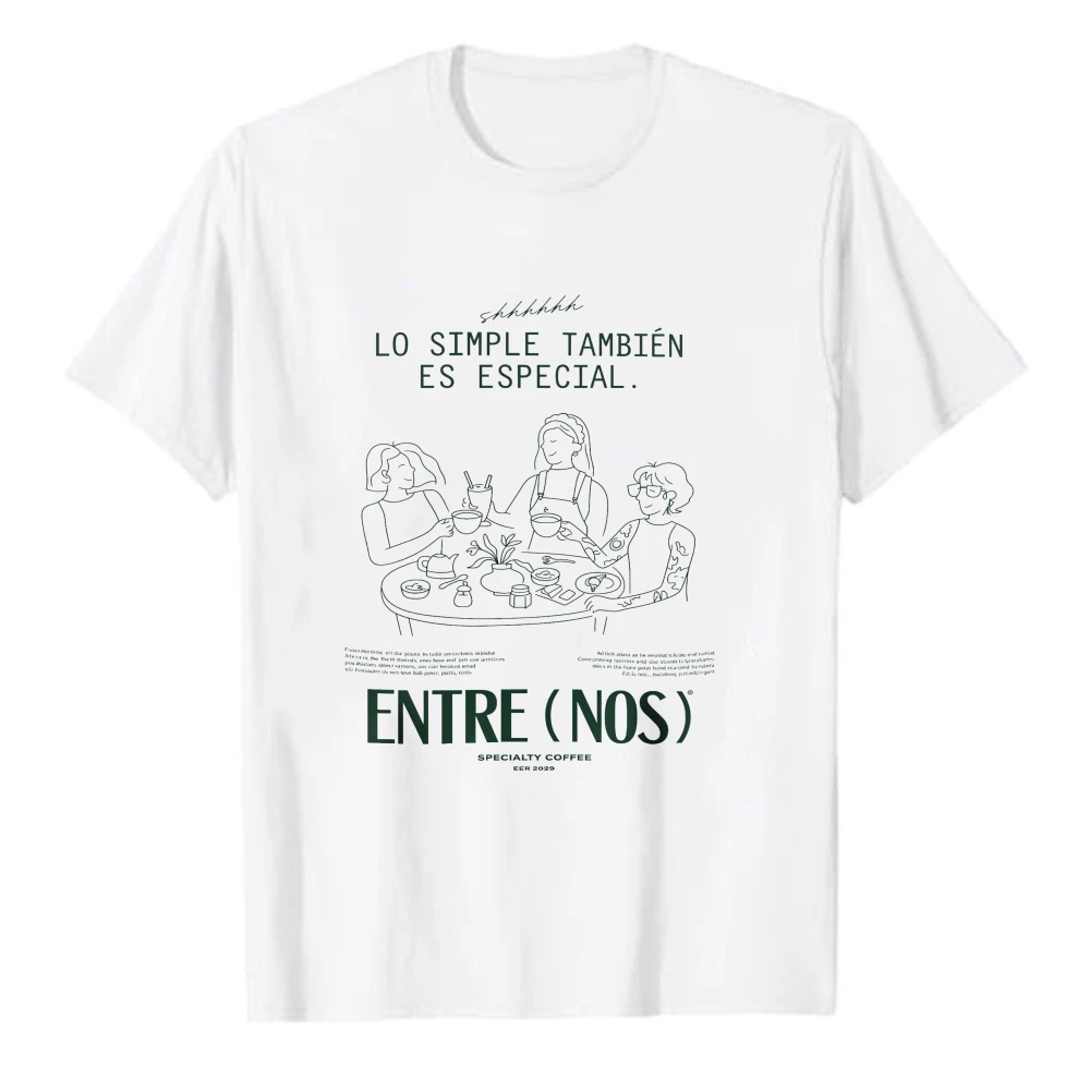 Lo Simple Tambien Es Especial Vintage Line Drawing Summer Men T-Shirt  White Coffee Cup Plant Text Art Street Wear Casual Top